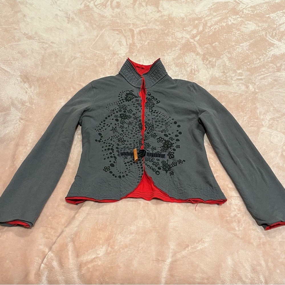 Reversible Military Style Band Jacket - Red & Gray Floral Print Toggle Closure